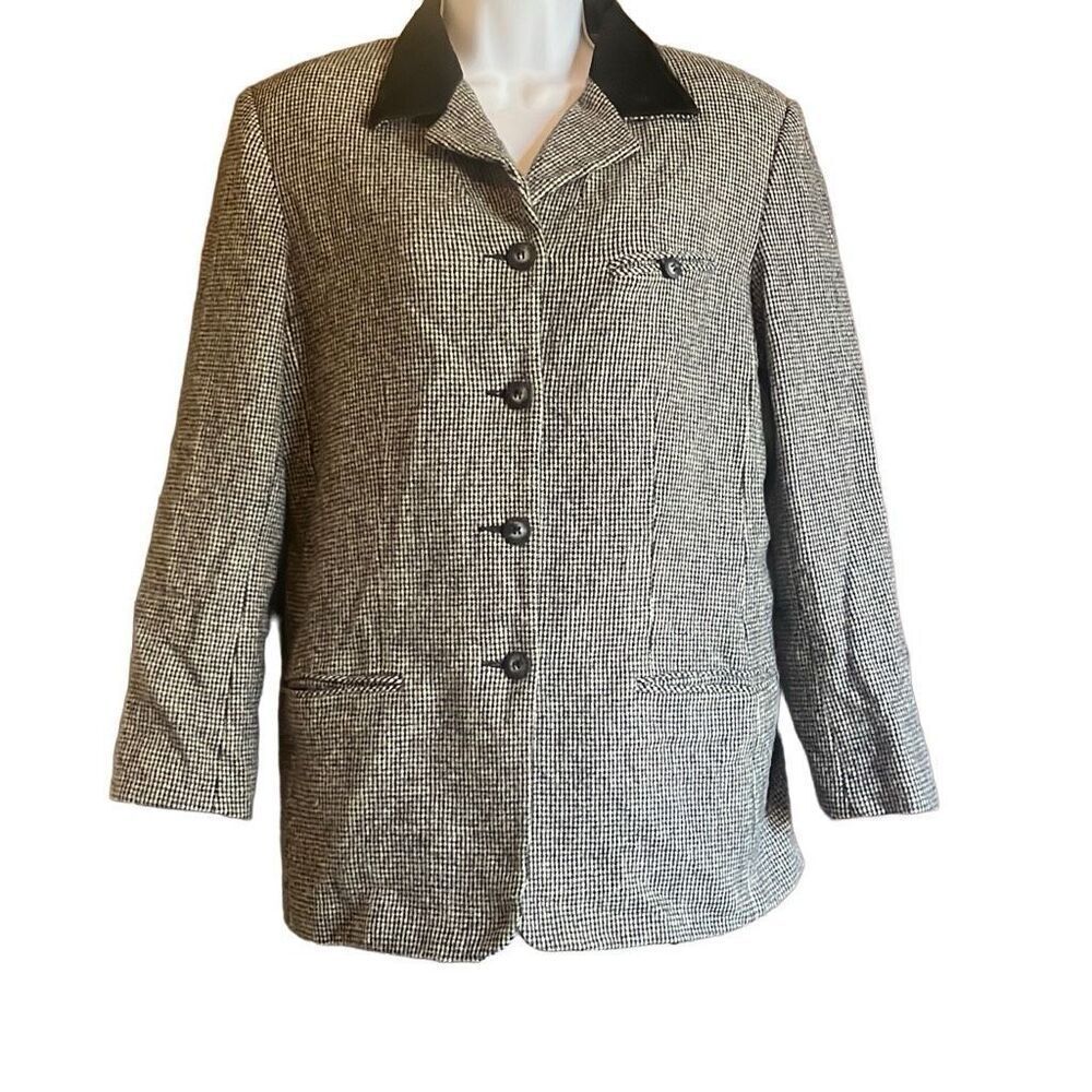 Hunt Club Vintage Black White Plaid Wool Blend Suede Collar Blazer 12 Equestrian